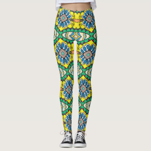 Leggings Motif tribal fleuri, orné, dessiné à la main.