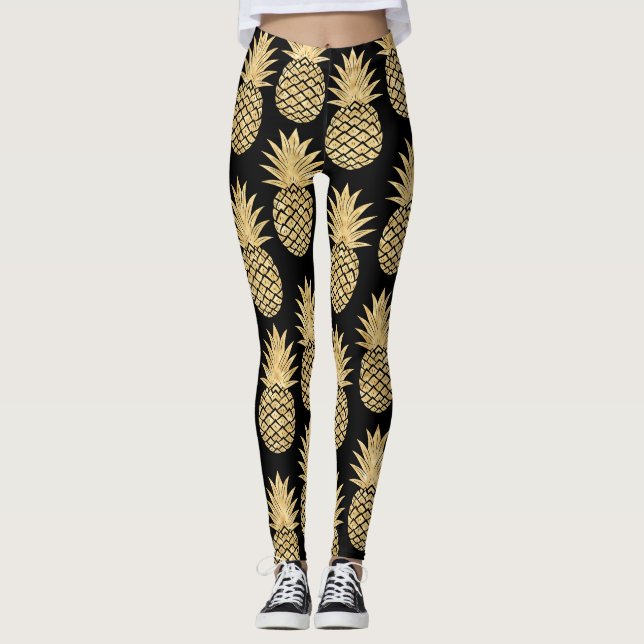 Leggings Motif tropical élégant d'ananas de noir et d'or (Devant)
