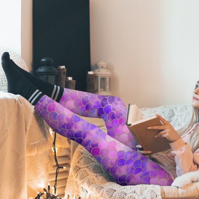Leggings Motif Ultra Violet & Gold Mermaid (Violet Purple Pearlescent Mermaid Scale Pattern Leggings)