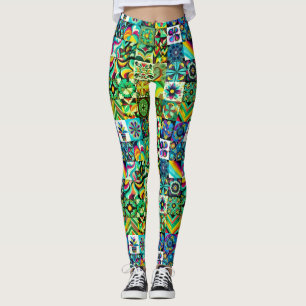 Leggings Motif Vert Rétro des Années 70 sur Style Ajusté Pe