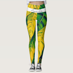 Leggings Motif vibrant à feuilles de bananier vert et jaune
