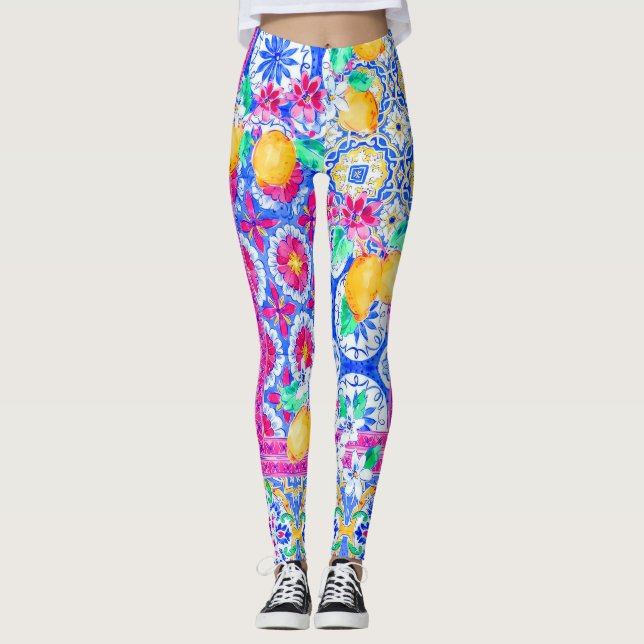 Leggings Motifs de citron et carrelage méditerrané (Devant)