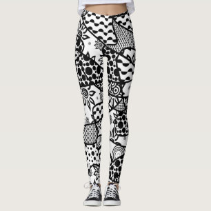 Leggings Motifs fous, uniques, rétros noirs et blancs 3