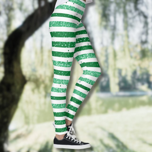 Leggings Nature Green White Horizontal Glitter Stripes (Créateur téléchargé)