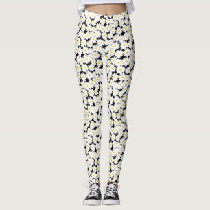 Leggings Négative Space Daisies blanc jaune sur noir