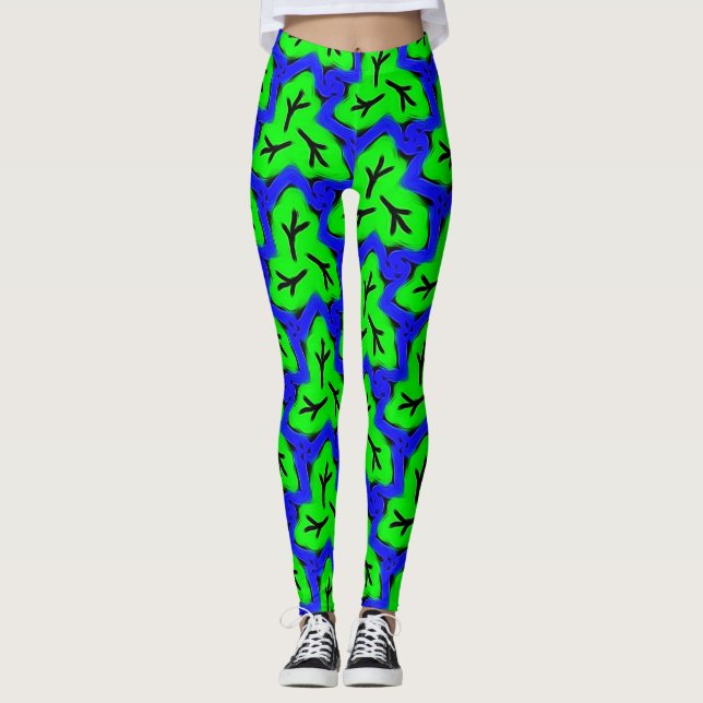 Leggings Neon Blue et Green Bold Motif feuillet (Devant)