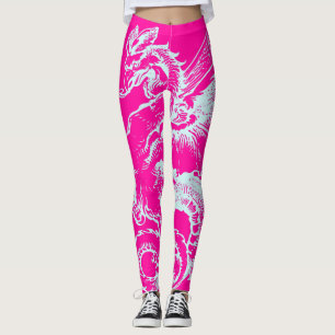 Leggings Neon rose et Turquoise Dragon Motif Athlétisme
