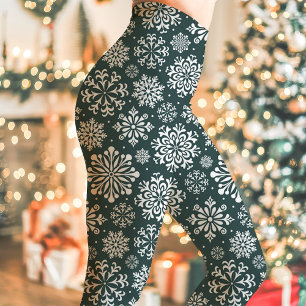 Leggings Noël à motif de flocon de neige vert foncé et blan