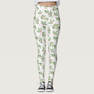 Leggings Noël Aquarelle Rouge Vert Houx Baies