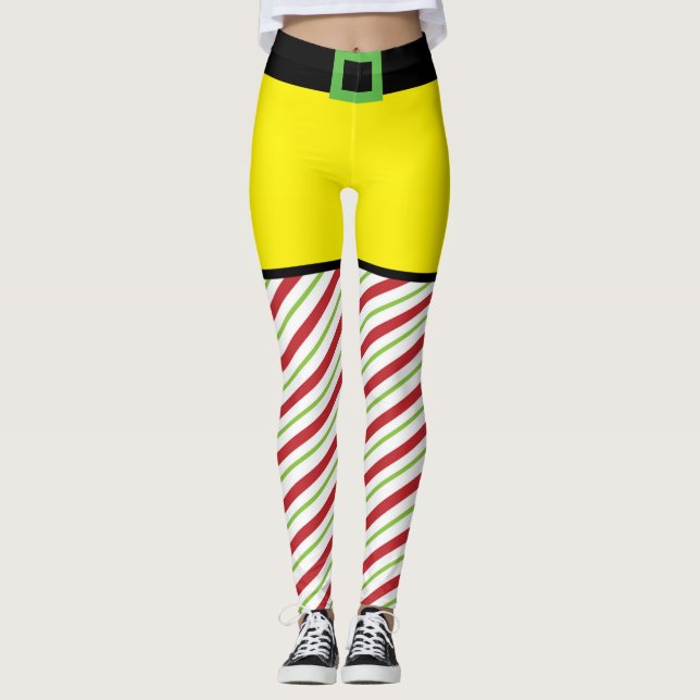 Leggings Noël des elfes du Sucre de canne rouge et vert (Devant)