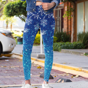 Leggings Noël Fête Bleue Parties scintillant Neige Flammes 