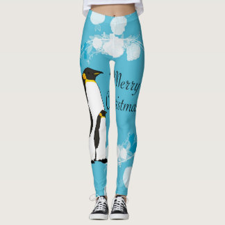 Leggings noël, noël, pingouin, fleurs, bleu,
