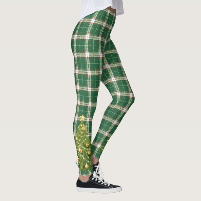 Leggings Noël Plaid blanc, vert avec arbre (Droite)