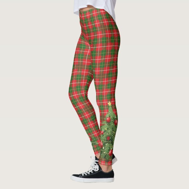 Leggings Noël Plaid Rouge, Vert, Blanc avec Arbre (Gauche)