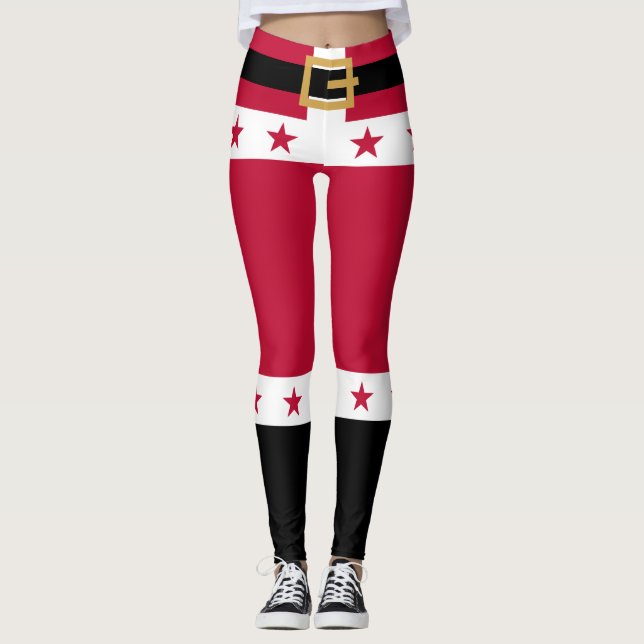 Leggings Noël Rouge Blanc Stars Ceinture Santa Claus Femmes (Devant)