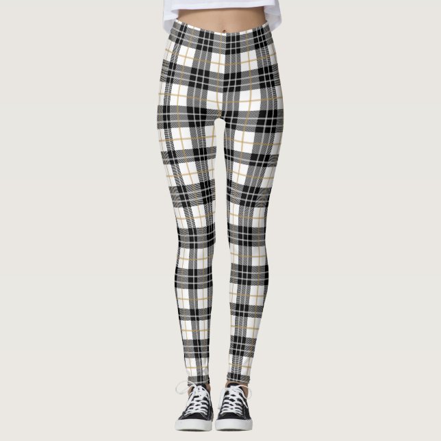Leggings Noël Tartan Plaid Blanc, Noir & Or (Devant)