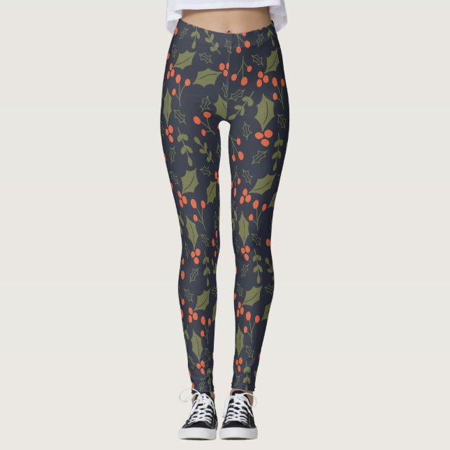 Leggings Noël Vacances Modernes Foliage Holly Green (Devant)