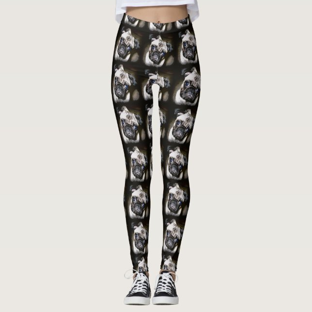 Leggings noir aux yeux bleus de carlins (Devant)
