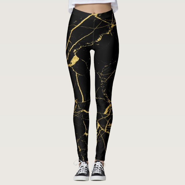 Leggings Noir avec Motif en marbre à huile d'or (Devant)