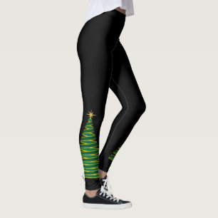 Leggings Noir avec pattes d'arbre de Noël vert