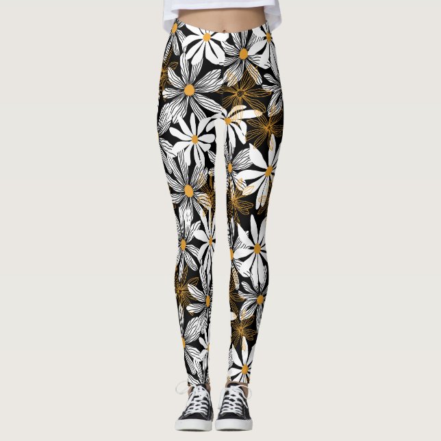Leggings Noir, Blanc, Jaune Élégant Faisy Abstrait (Devant)
