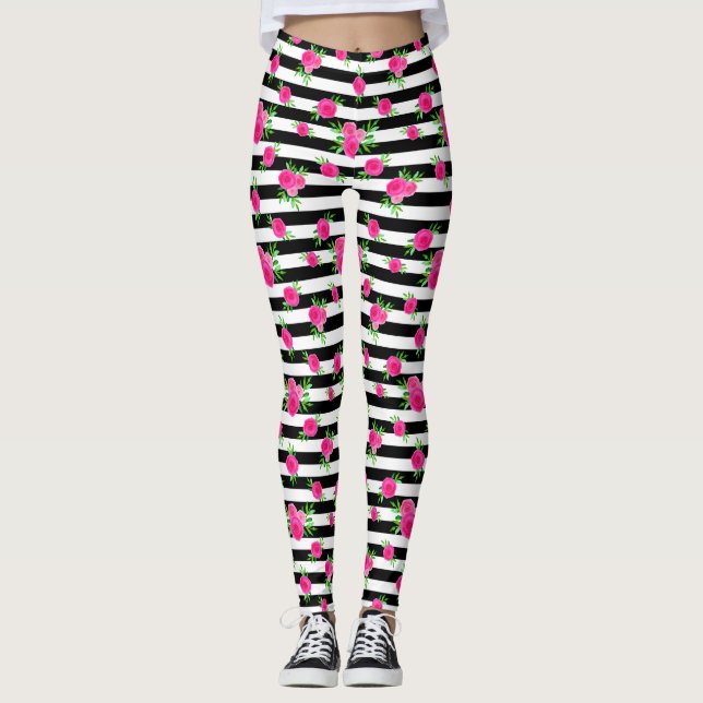 Leggings Noir Blanc rayé Fun Hot rose Aquarelle Floral (Devant)