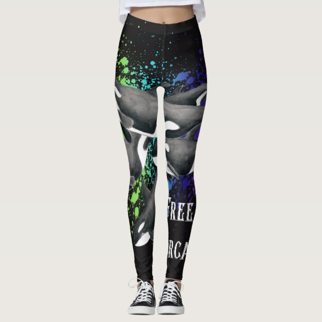 Leggings Noir d'éclaboussure d'aquarelle de baleines (Devant)