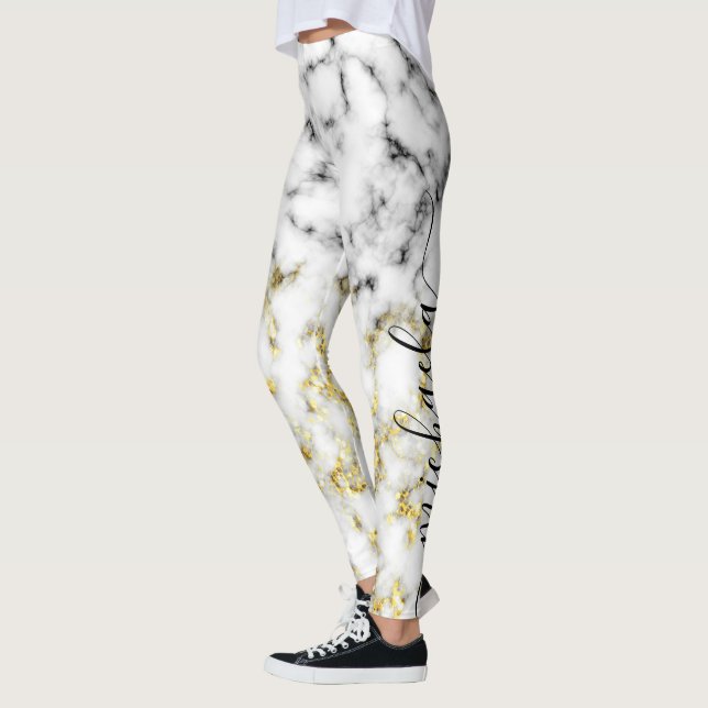 Leggings Noir et blanc marbre or brillant Nom personnalisé (Gauche)