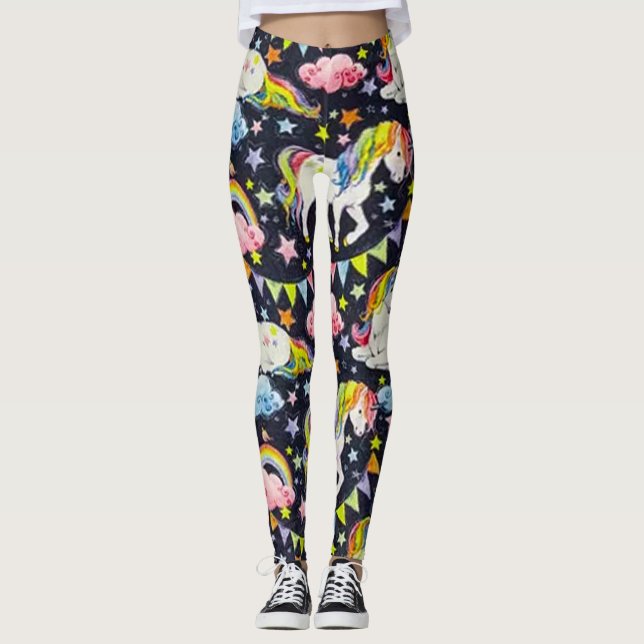 Leggings Noir et rose prismatiques de souhait de licorne (Devant)