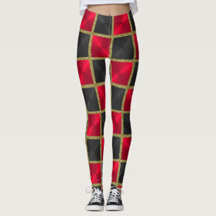 Leggings Noir et rouge avec Carrés d'or