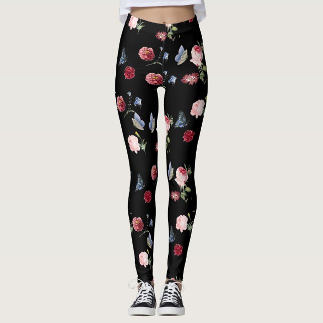 Leggings Noir Rouge & rose imprimé floral & papillon bleu (Devant)