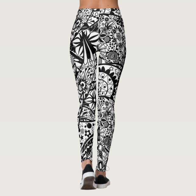 Leggings noirs blancs printemps florale (Dos)
