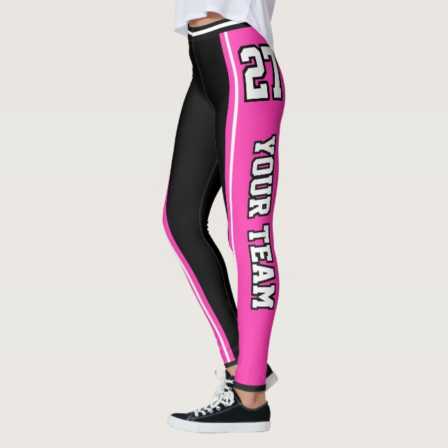 Leggings Nom de l'équipe sportive Numéro rose chaud Noir ra (Gauche)
