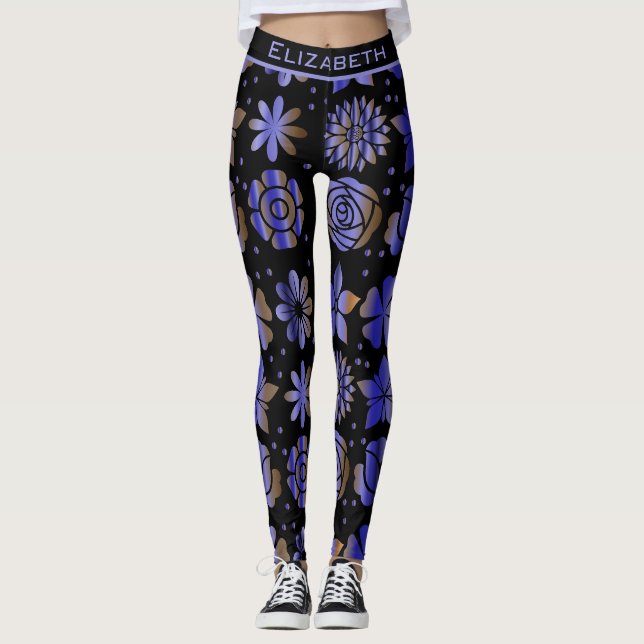 Leggings Nom personnalisé motif floral bleu transparent (Devant)