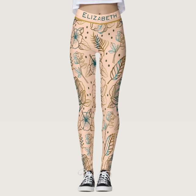 Leggings Nom personnalisé motif floral doré (Devant)