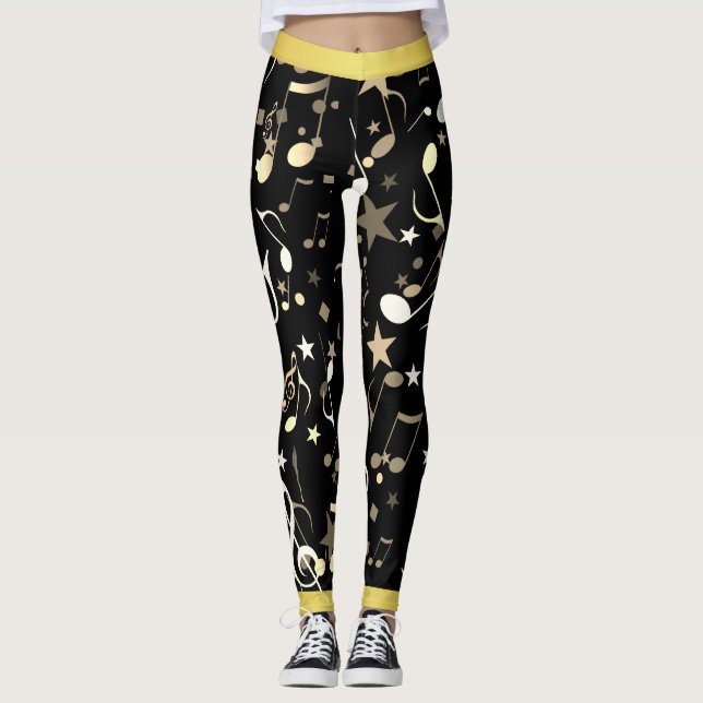 Leggings Notes musicales amusantes sur Black avec Faux Gold (Devant)