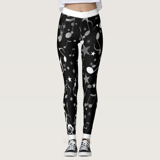 Leggings Notes musicales blanches et grises et ajustement b (Devant)