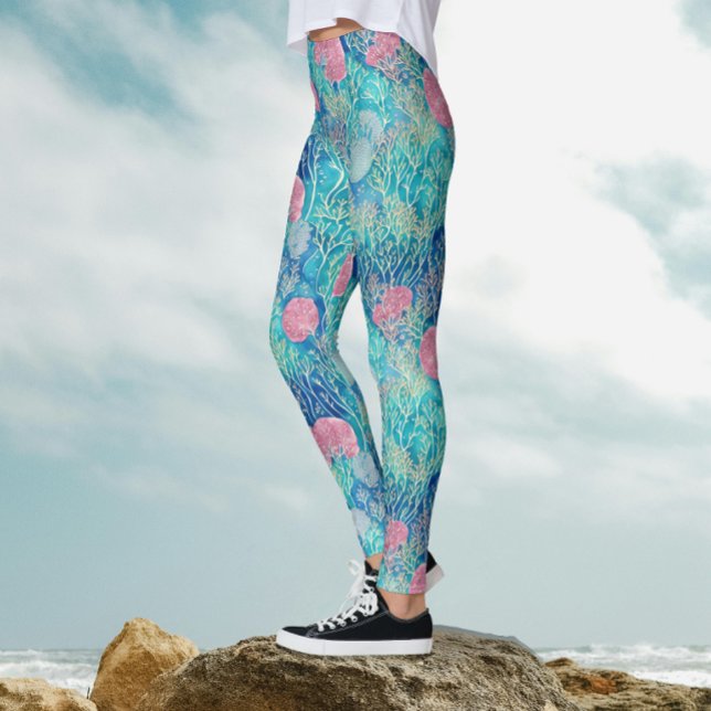 Leggings Océan moderne bleu rose corail tropical aquarelle (Créateur téléchargé)