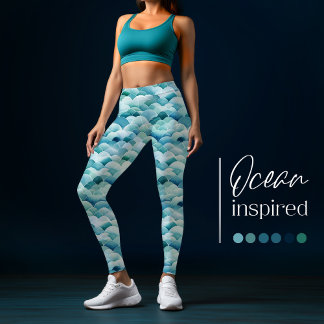 Leggings Ocean Waves Watercolor Motif Turquoise