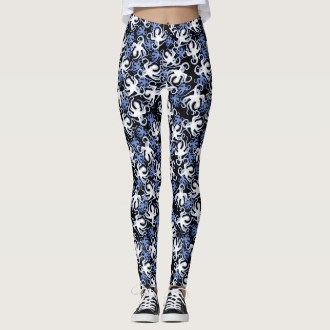 Leggings Octopus noir, blanc et bleu Motif sans couture (Devant)