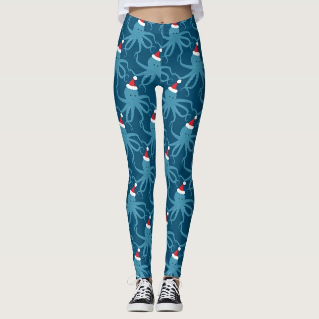 Leggings Octopus Santa Hat Noël bleu (Devant)