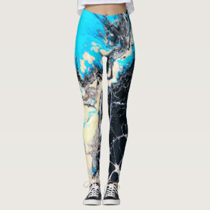 Leggings Oeuvre d'art liquide cyan et noire de peinture