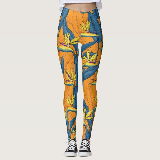 Leggings Oiseau de fleurs paradisiaques sur orange (Devant)