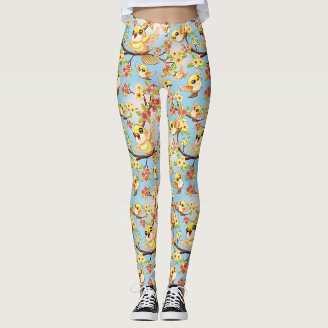 Leggings Oiseaux mignons et heureux parmi les fleurs du pri (Devant)
