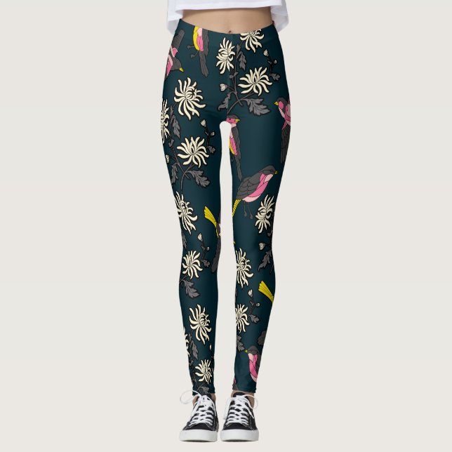 Leggings Oiseaux roses et légendes de fleurs (Devant)