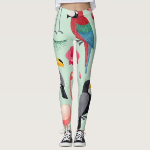 Leggings Oiseaux tropicaux, fleurs, motif d'aquarelle.