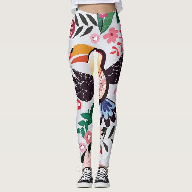 Leggings Oiseaux tropicaux, motif de gribouillis à fleurs. (Devant)