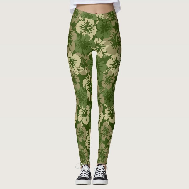 Leggings Olive florale tropicale hawaïenne de ketmie épique (Devant)