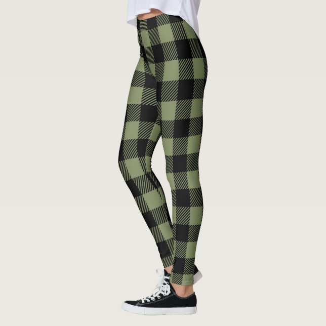 Leggings Olive Green Black Buffalo Check Plaid Motif (Gauche)