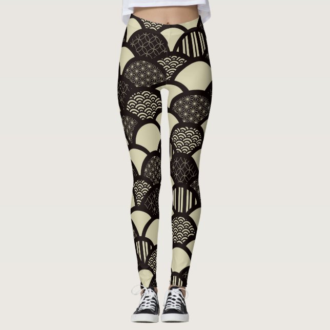 Leggings Ondes géométriques japonaises monochromes motif (Devant)